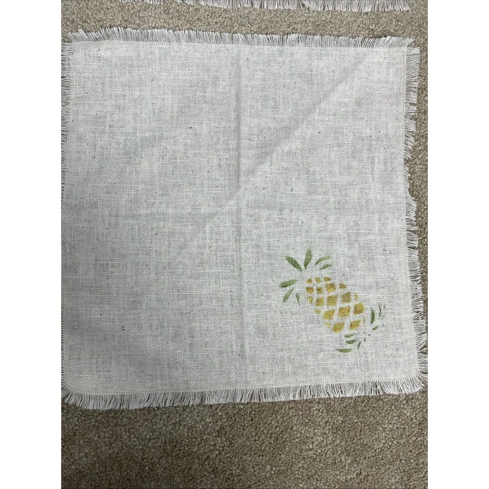 6 VTG Cocktail Napkins 13x13” Beige Stenciled‎ Pineapple Cotton Linen Fringe